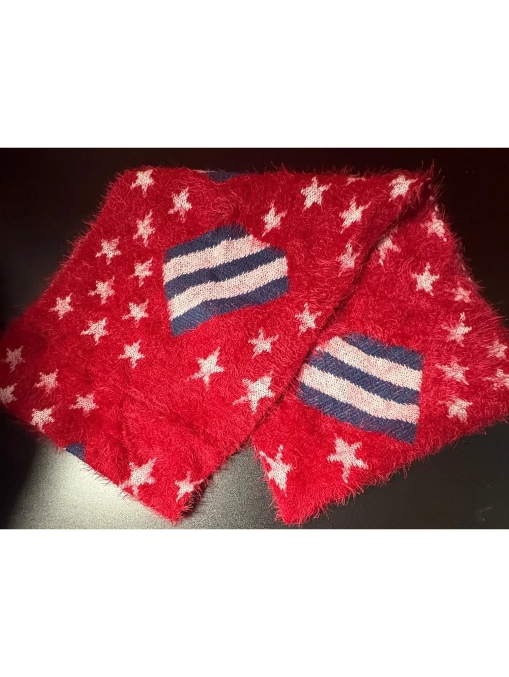 Red Fuzzy Star and Stripe Pattern Scarf